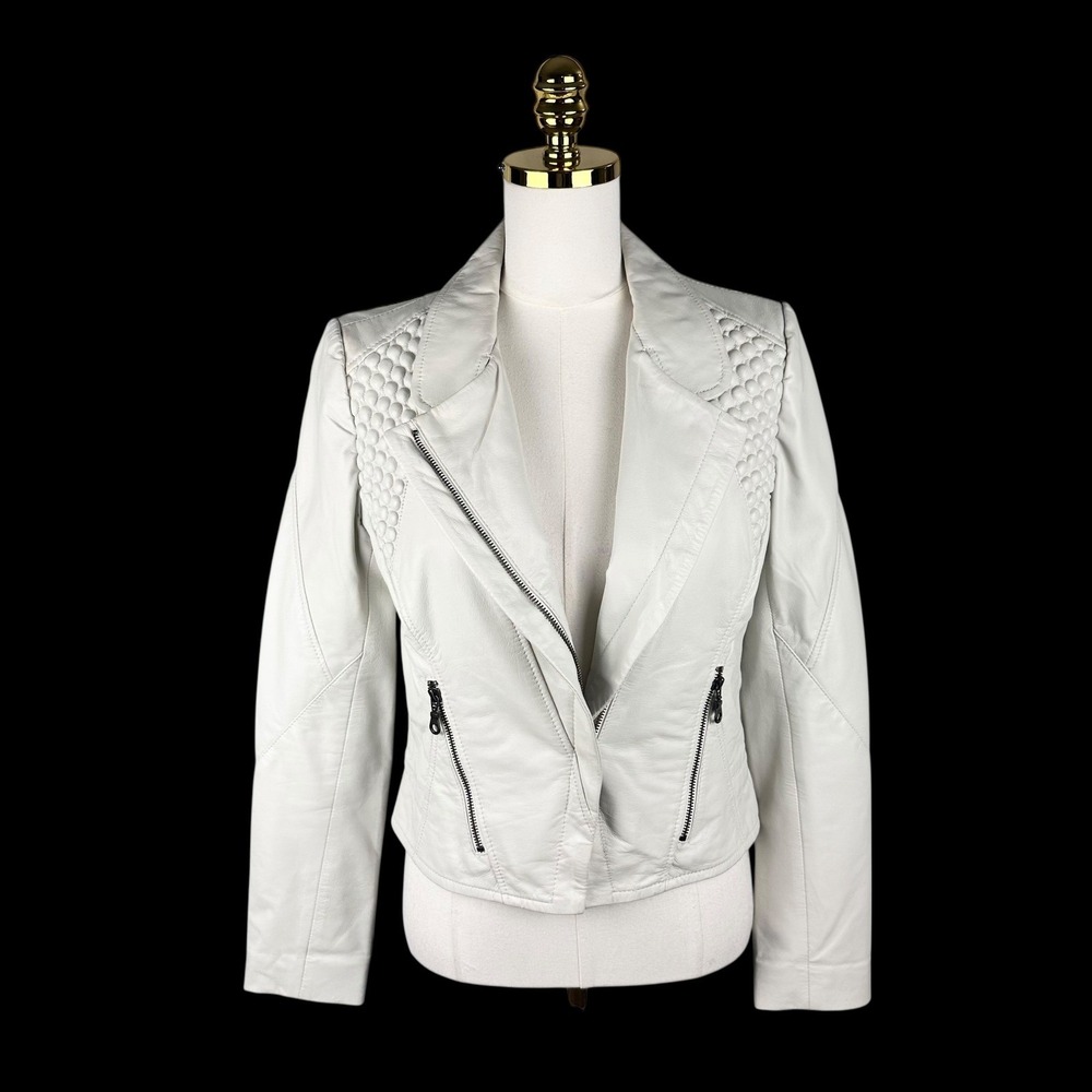 MLV Off-White 100% Lambskin Leather Honeycomb Quilted Biker Moto Jacket Size M